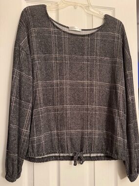 Plaid Drawstring Hem Long Sleeve Top - Gray by Retrelogy